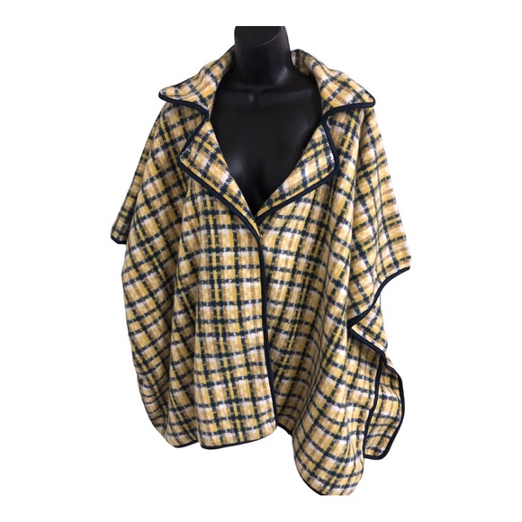 Andrew Marc New York yellow navy gingham tartan plaid poncho OS new - Picture 2 of 15